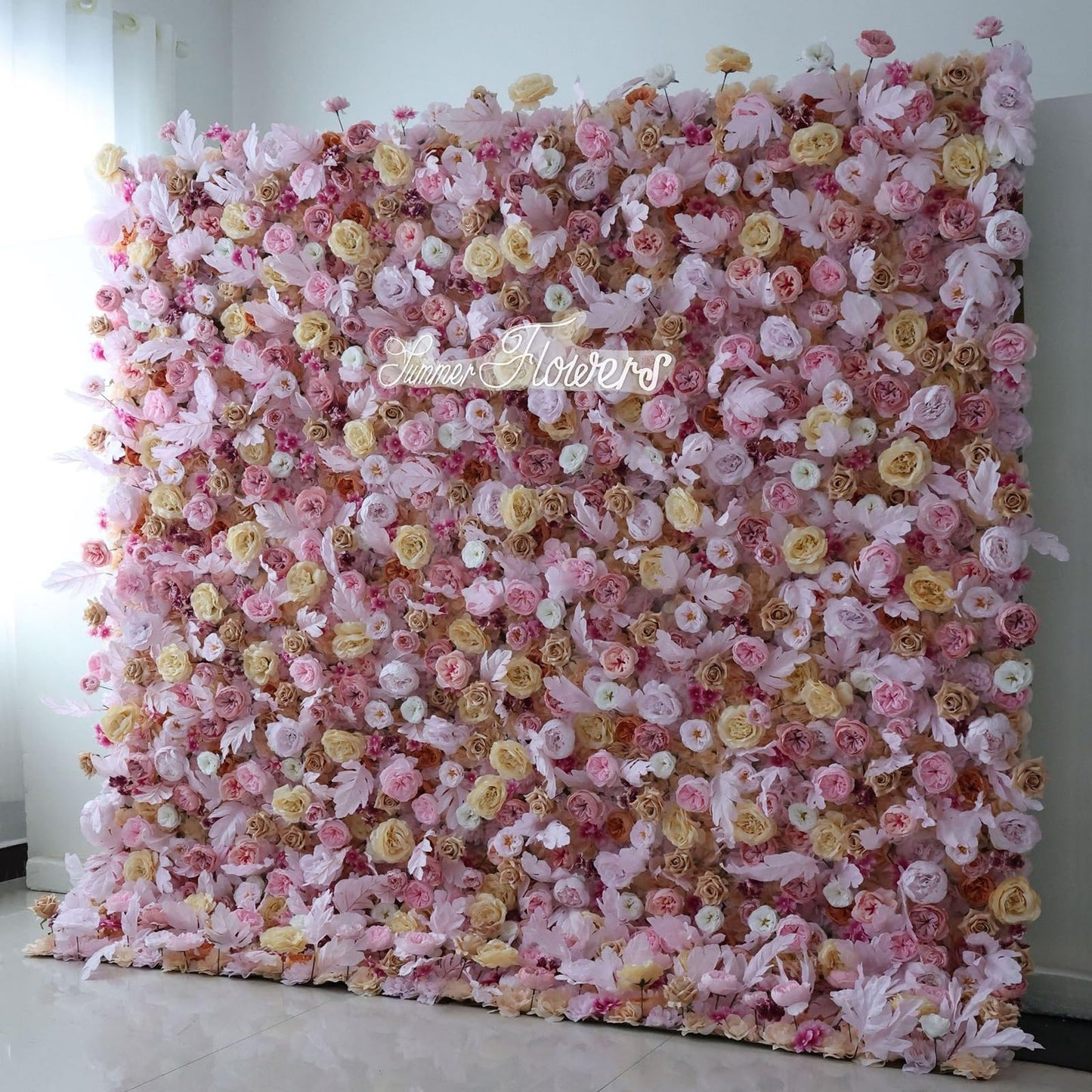UYCVT Handmade Yellow Pink Rose Flowers Wall Large Artificial Flower Wall Backdrop Panels, Rose Wedding Backdrop 3D Floral Wall Fabric Flower Wall for Party Baby Shower Bridal -3m*3m/10 * 10FT