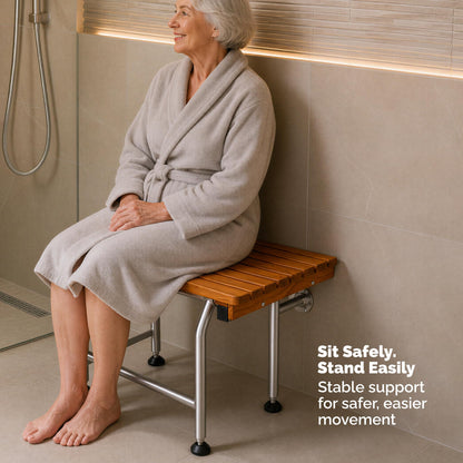 Teak Shower Seat Bench with Drop Down Legs – ADA Compliant Folding Teak Shower Bench, Wall Mounted Fold Up Bath Seat, 400 lb Capacity, Waterproof Teak Wood (24 Inches)