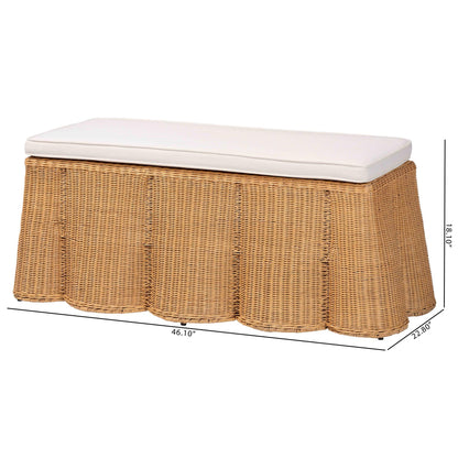 Bali & pari Palm Scallop Natural Rattan Ottoman with Cushion – Handwoven Wicker Accent Bench for Living Room, Bedroom or Entryway, Coastal Boho Style Accent Furniture, 46-inch Wide, Rectangular