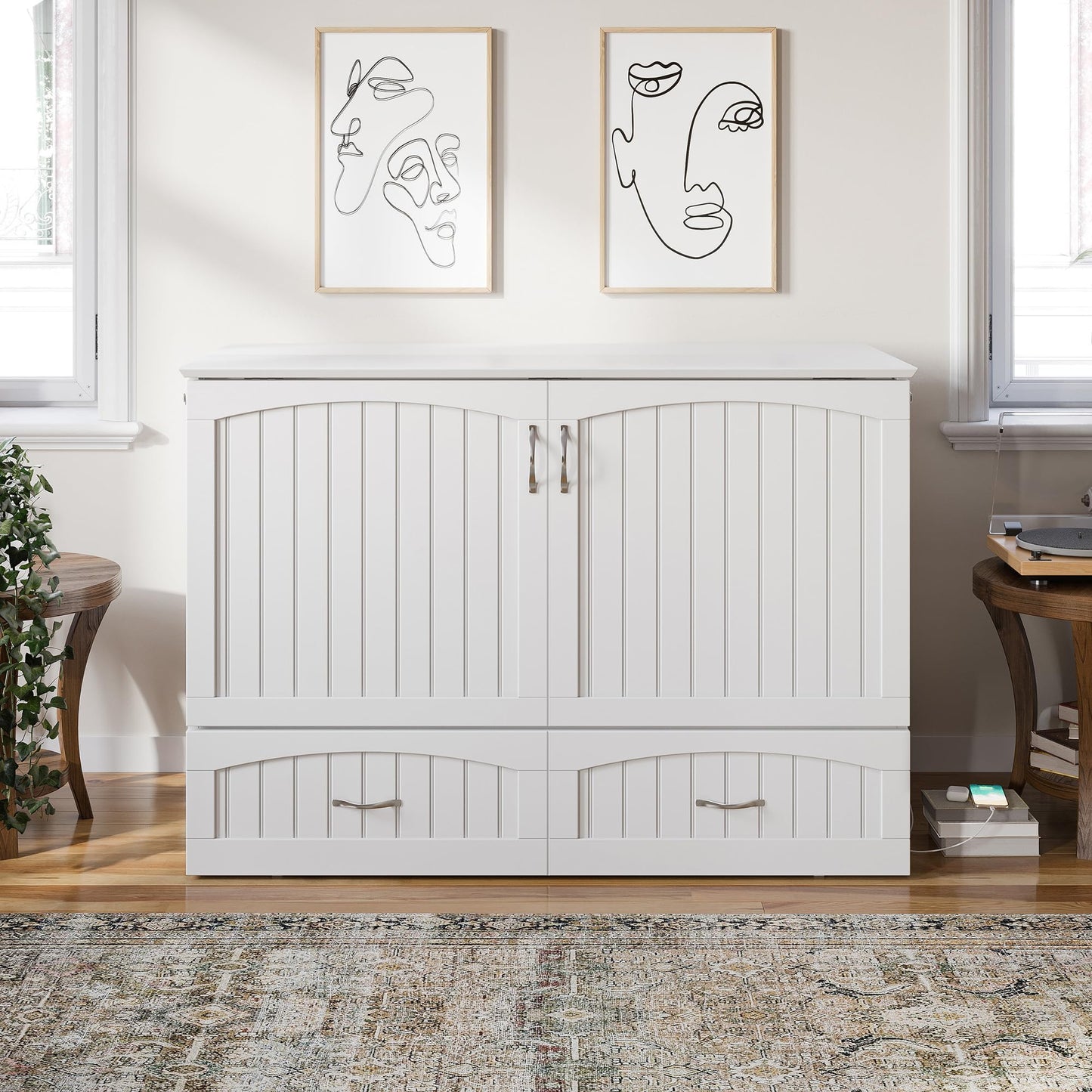 AFI, Southampton Murphy Bed Chest Full with 6" Mattress, Built-in USB Charger & Storage Drawer, White