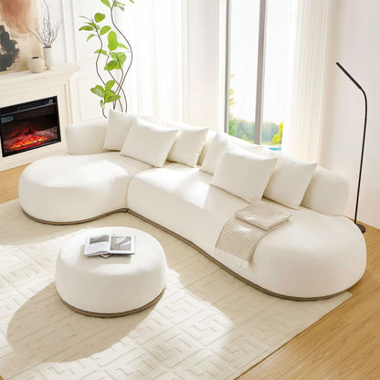 KEIKI 135" L-Shaped Oversized Boucle Sectional Sofa with Left Chaise, Modern 5-Seater Polyester Curved Couch with PU Leather Base, 1 Ottoman & 6 Pillows, No Assembly Required, for Living Room, Beige