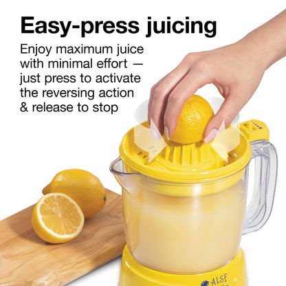 Proctor Silex Alex's Lemonade Stand Electric Citrus Juicer Machine, Large 34 oz. Pitcher, Pressure Activated, for Lemons, Limes and Oranges, 34 oz, Includes 2 Reamers & Recipe Book, Yellow (66341)