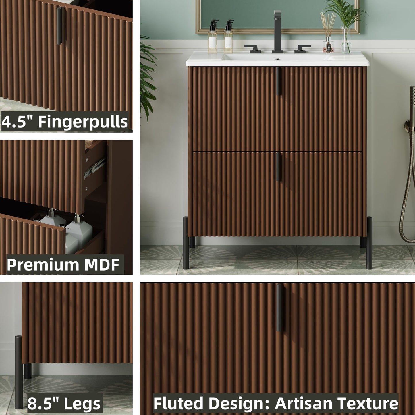 Merax 30" Freestanding Bathroom Vanity with Ceramic Sink, Equipped with Vertical Pulls, Full-Extension Drawers, Soft Close Drawer Slides, Fluted Design, Brown