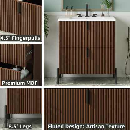 Merax 30" Freestanding Bathroom Vanity with Ceramic Sink, Equipped with Vertical Pulls, Full-Extension Drawers, Soft Close Drawer Slides, Fluted Design, Brown
