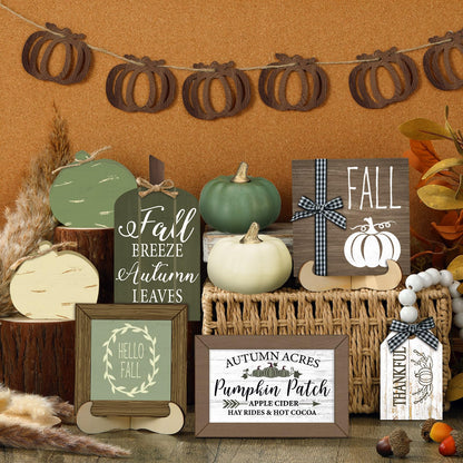 Reallnaive 18 Pcs Fall Thanksgiving Tiered Tray Decor Set Pumpkin Buffalo Plaid Wood Sign Hello Fall Rustic Farmhouse Neutral Tray Decoration Tabletop Sign for Autumn Home Kitchen Festival(Sage Green)