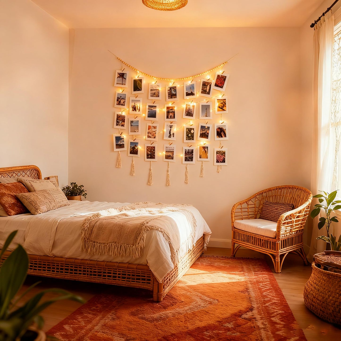 HOZII@FAB Macrame Hanging Photo Display Kit with 30 Cardstock Photo Frames & 5M Timer String Lights - Room Decor for Bedroom/Living Room/Dining Room - Ideal Gifts for Teen Girls & Craft Enthusiasts (Christmas/Birthday/Daily Surprise)