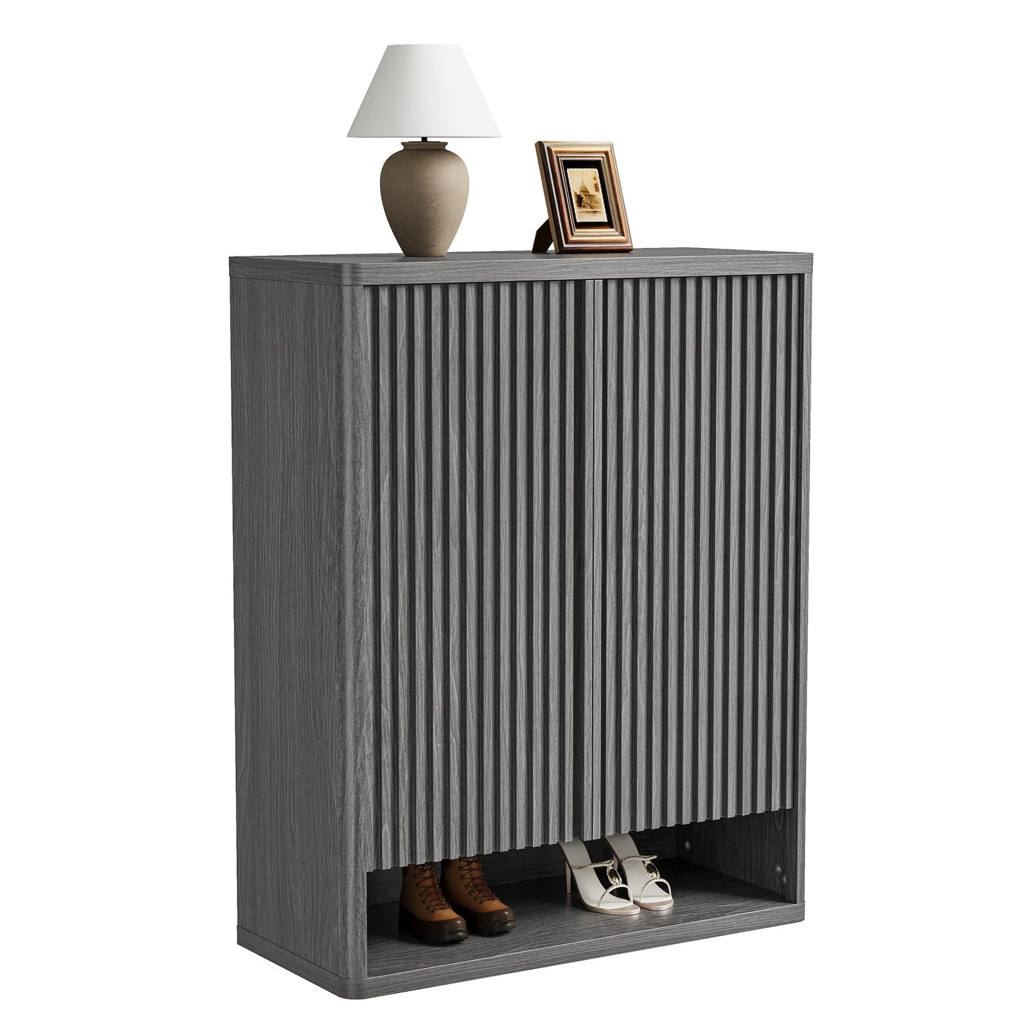 Garvee 31.5 Inch Shoe Cabinet, Large Shoe Storage Cabinet with Adjustable Shelves, Wooden Shoe Organizer with Fluted Door Holds 25–30 Pairs for Entryway & Living Room,Grey