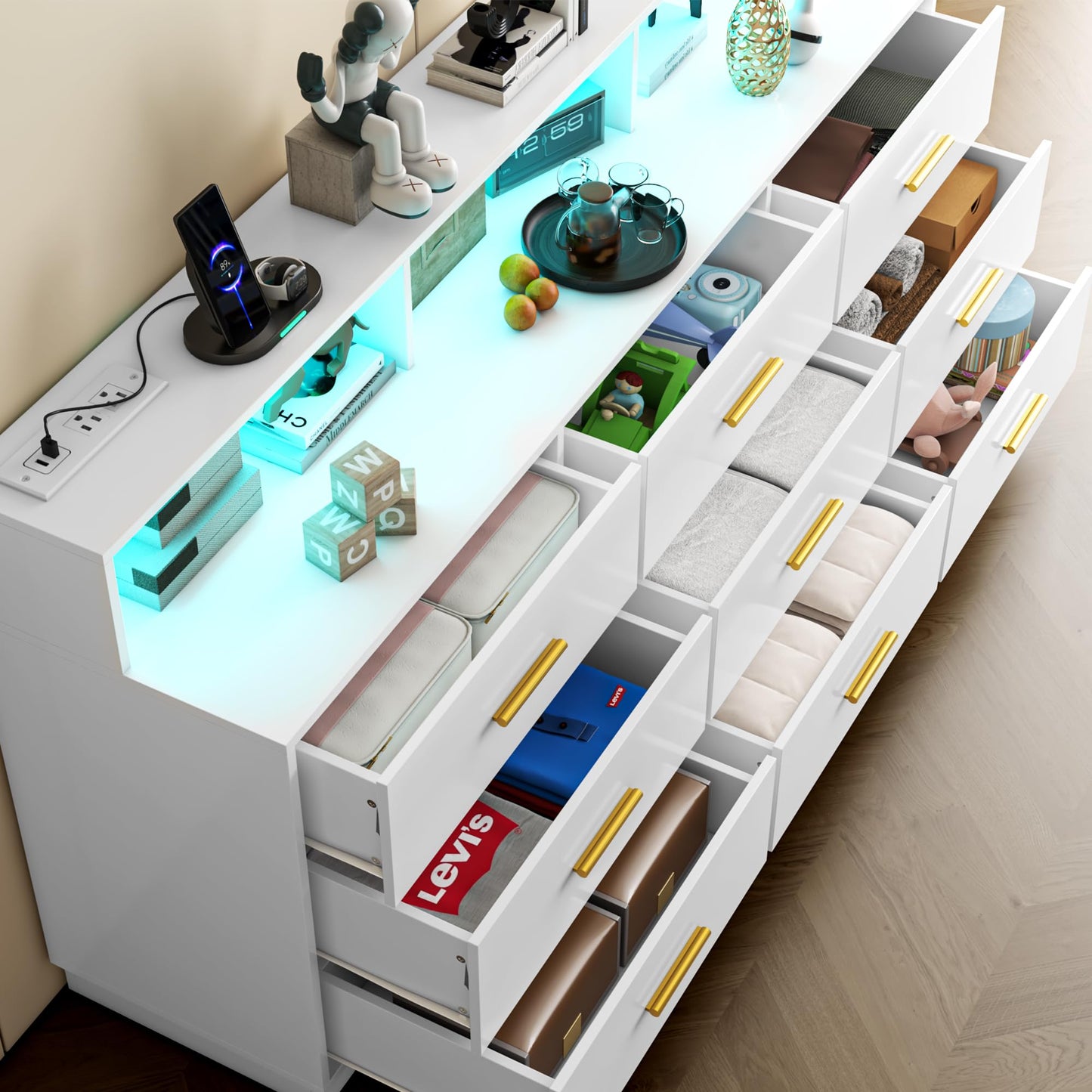 UNIQUITE White 9 Drawer Dressers for Bedroom, Modern Large Dresser with LED Light and Power Outlet, Wooden Long Dresser for Bedroom, Entryway, Hallway