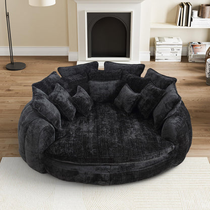 81" Round Sofa Bed Big Bean Bag Round Chaise Lounge Oversized Round Couch Boneless Reading Chair Plush Fluffy Chenille Large Chaise Chair for Living Room, Bedroom, Apartment, Black