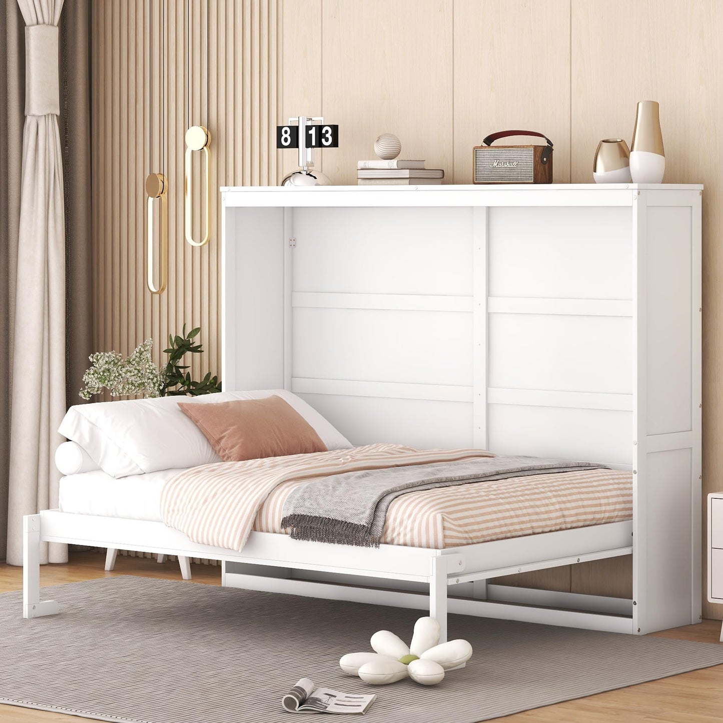Ball & Cast Murphy Bed Full Size,Farmhouse Murphy Cabinet with Storage Shelf,Wood Hidden Wall Bed,Foldable Platform Bed,Space-Saving,No Box Spring Needed,White