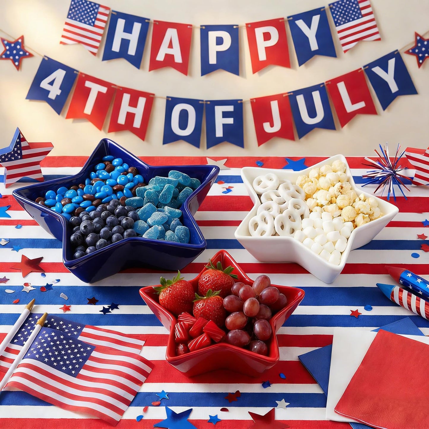 Yungyan 3 Pcs 4th of July Serving Bowls Red White Blue Patriotic Star Shaped Ceramic Nesting Prep Bowls Set 3-Size Serving Dishes for American Independence Day Memorial Day Summer BBQ Kitchen Dining