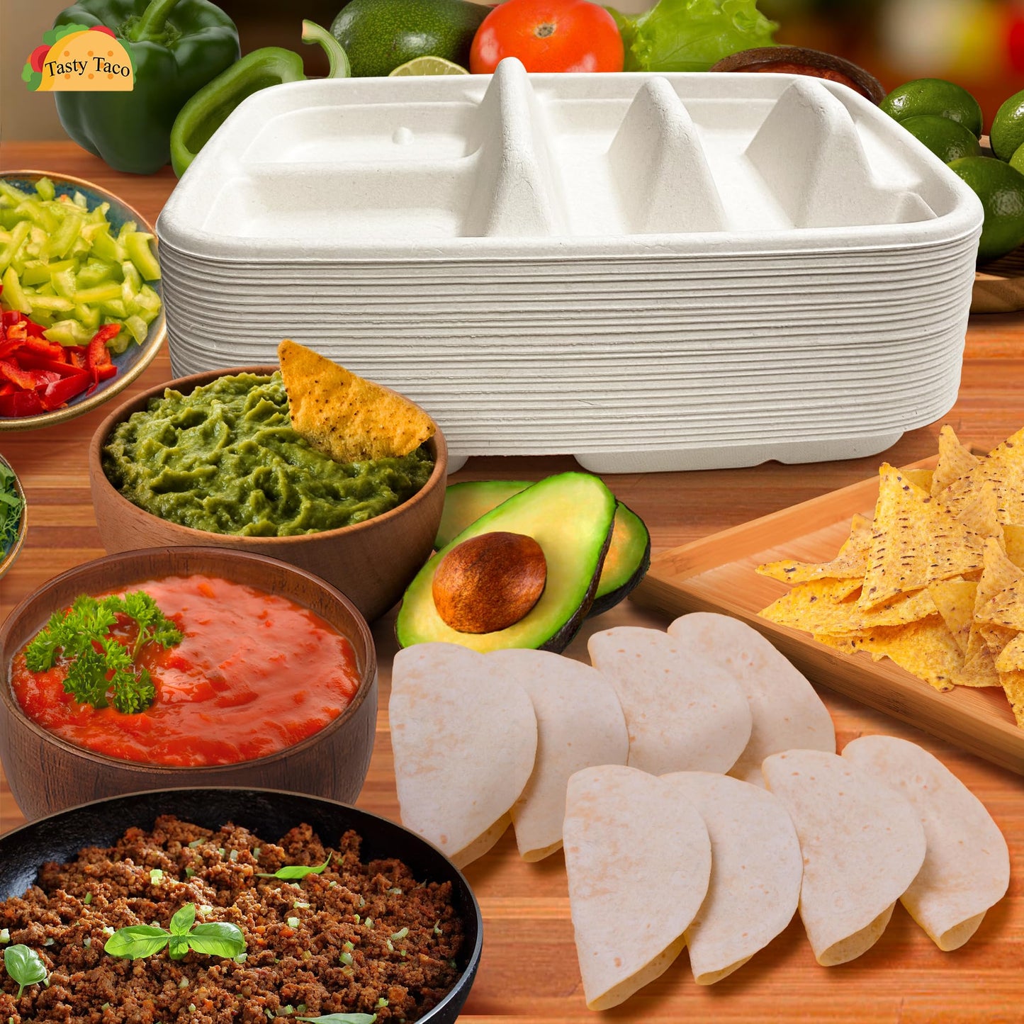 White Disposable Taco Plates for 2 Tacos & 2 Sides – 25 PACK | Premium Paper Plates with Dividers, Fiesta Taco Holder, Taco Stand for Taco Tuesday & Taco Bar Serving Set Taco Plates (25 Plates)