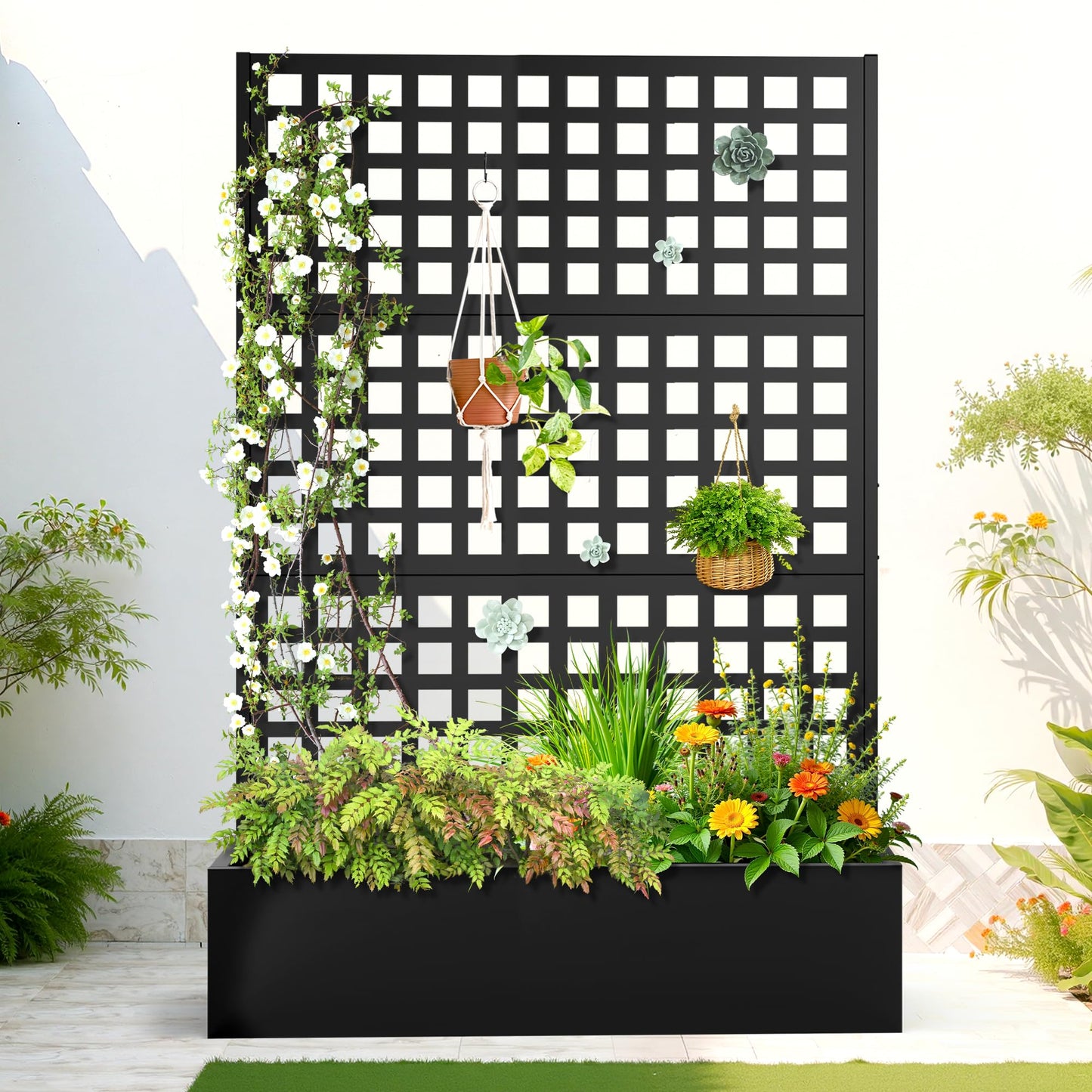 FENCY Metal Raised Garden Bed with Trellis, Metal Planter Box with Trellis, Garden Box for Climbing Plants Vegetable, 47''Lx16''Wx71''H Garden Bed with Drainage Holes(Black)