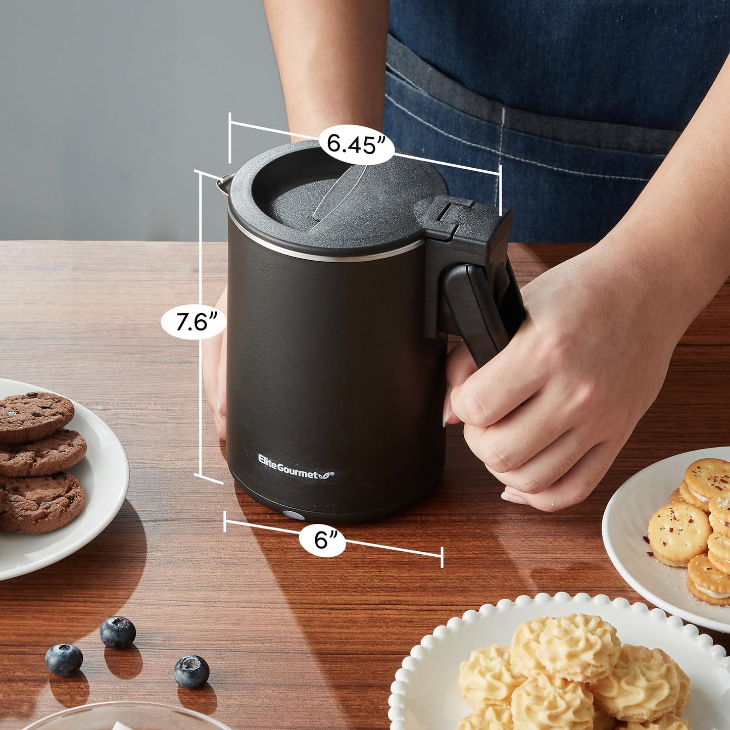 Elite Gourmet Dual Voltage 120-230V, Travel Double Wall Insulated Cool-Touch, 0.6L Electric Kettle Stainless Steel Interior, Hinged-Locking Lid, Auto Shut-Off, Boil Dry Protection, Black