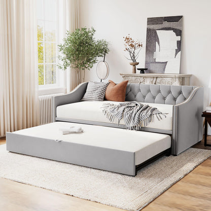Merax Twin Size Upholstered Velvet Daybed with Pop Up Trundle, Multi-Functional Sofa Bed with Backrest and Two Armrest for Guest, Living Room, Gray