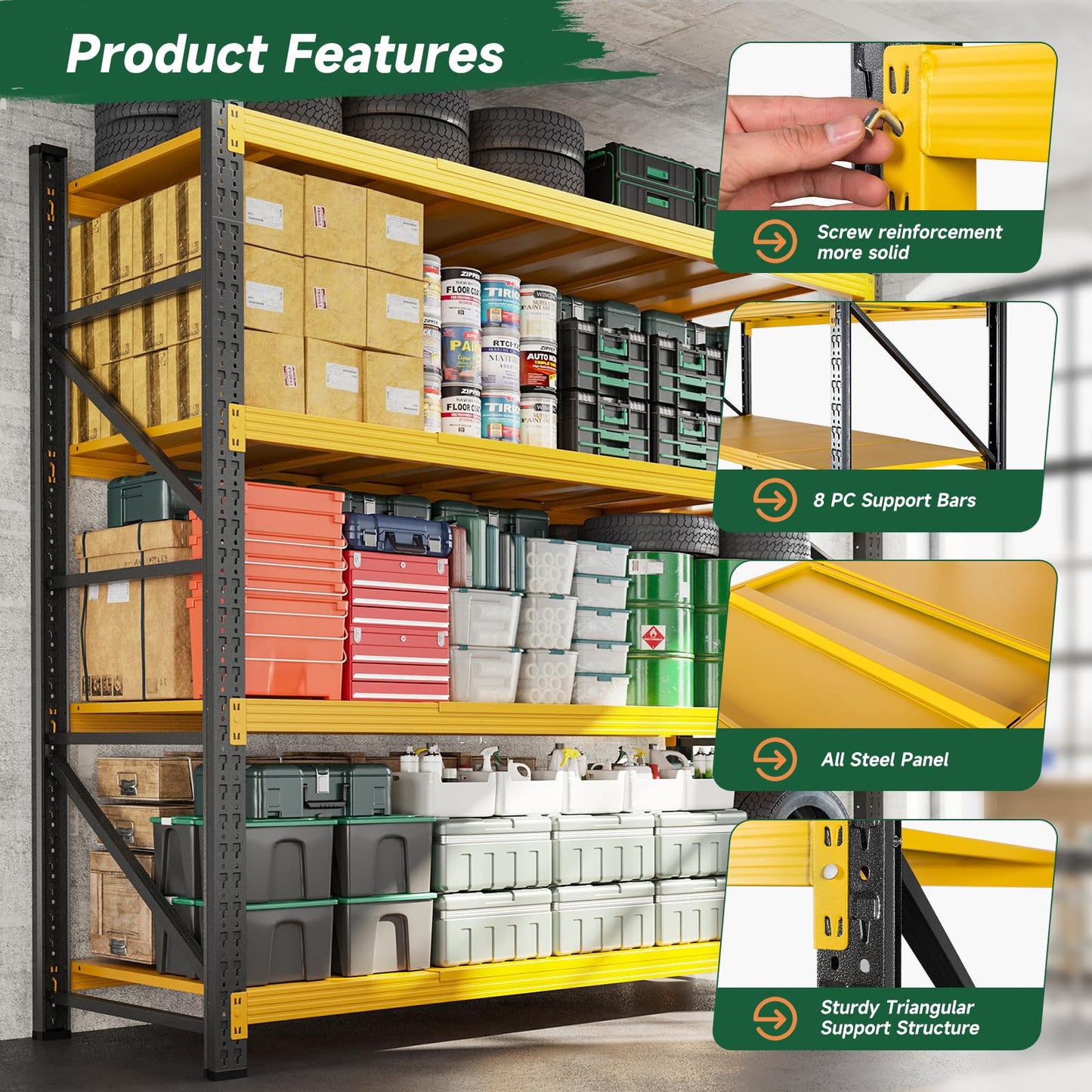 Letaya 6000LBS Heavy Duty Storage Shelves,79" W Metal Garage Shelving Units,4 Tier Large Tall Industrial Shelving,Adjustable Utility Rack Shelf for Warehouse,Basement (Yellow, 79" W x 24" D x 79" H)