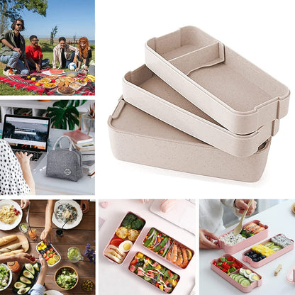 Rarapop 3 Pack Stackable Bento Box Adult Japanese Lunch Box Kit with Spoon & Fork, 3-In-1 Compartment Wheat Straw Meal Prep Containers (Green/Pink/Beige)