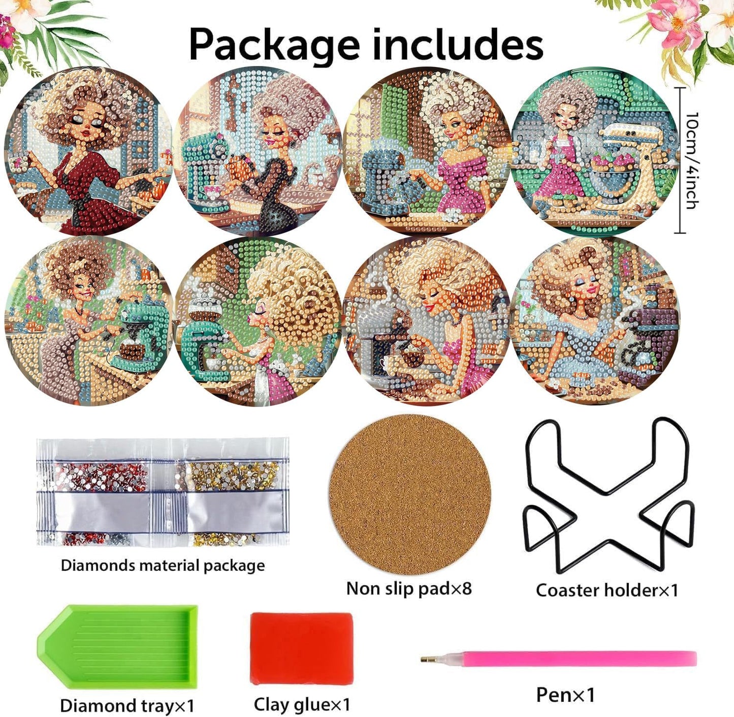 8 Pack Diamond Art Coasters Kits, Coffee Diamond Painting Coasters Kit Set with Holder Cork Pads, DIY Coffee Diamonds Art Non Slip Coaster Crafts Kits for Adults Beginners Gifts