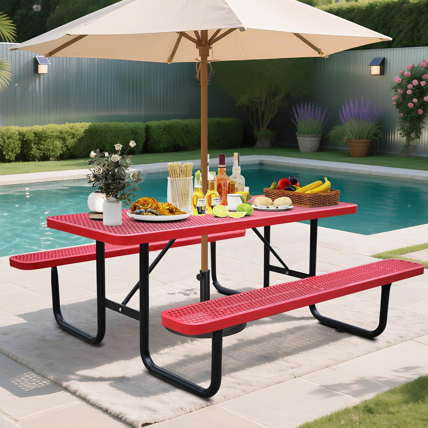 6FT Metal Picnic Tables for Outdoors, Commercial Rectangular Picnic Table and Bench Set for Outside, Patio, Garden, Backyard, Porch, Surface Mount, Red