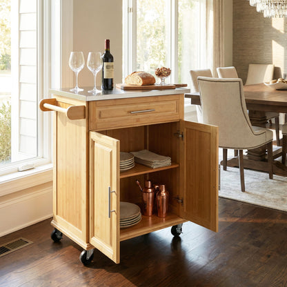 Christopher Knight Home ZAH Bamboo Rolling Cart with Drawers, Kitchen Bar Cart on Wheels with Stainless Steel Top, Mobile Rolling Kitchen Cart Storage Cabinet, Serving Cart, 29.13'' x 18.5'', Natural