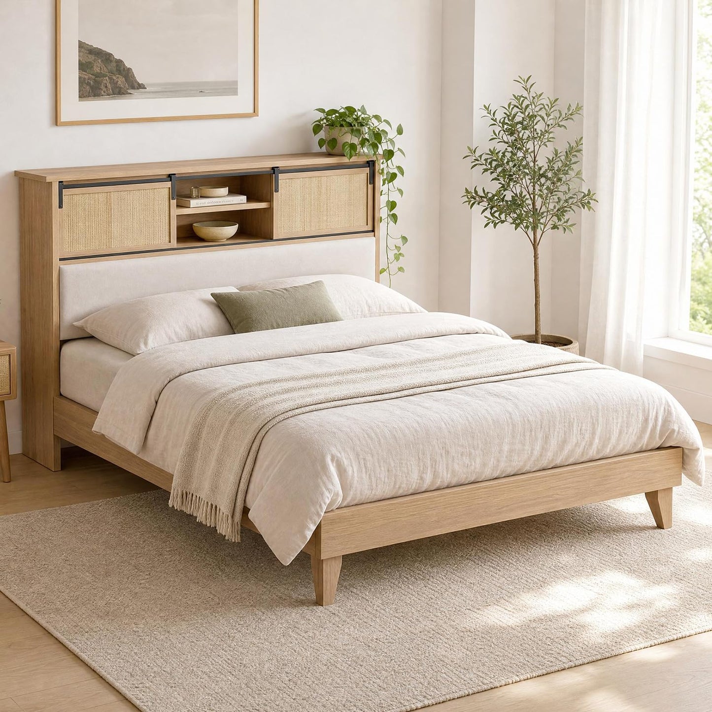 GarveeHome Queen Size Solid Wood Bed Frame with Storage Headboard, Rattan Upholstered Bookcase Headboard with Sliding Doors & Charging Station, No Bos Spring Needed