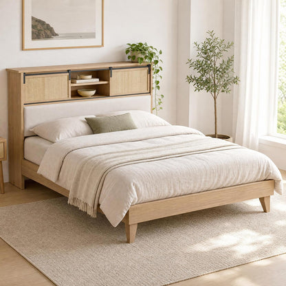 GarveeHome Queen Size Solid Wood Bed Frame with Storage Headboard, Rattan Upholstered Bookcase Headboard with Sliding Doors & Charging Station, No Bos Spring Needed