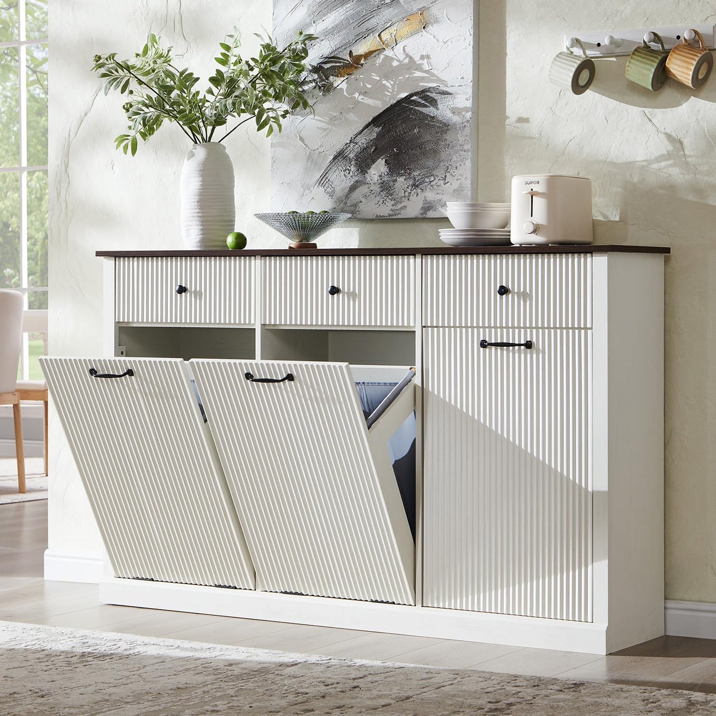 IFGET Triple Tilt Out Trash Can Cabinet, Modern Fluted Laundry Hamper Cabinet with 3 Drawers, 20 Gallon Hidden Wooden Garbage Can Cabinet w/Storage Basket & Adjustable Shelf, for Kitchen, White