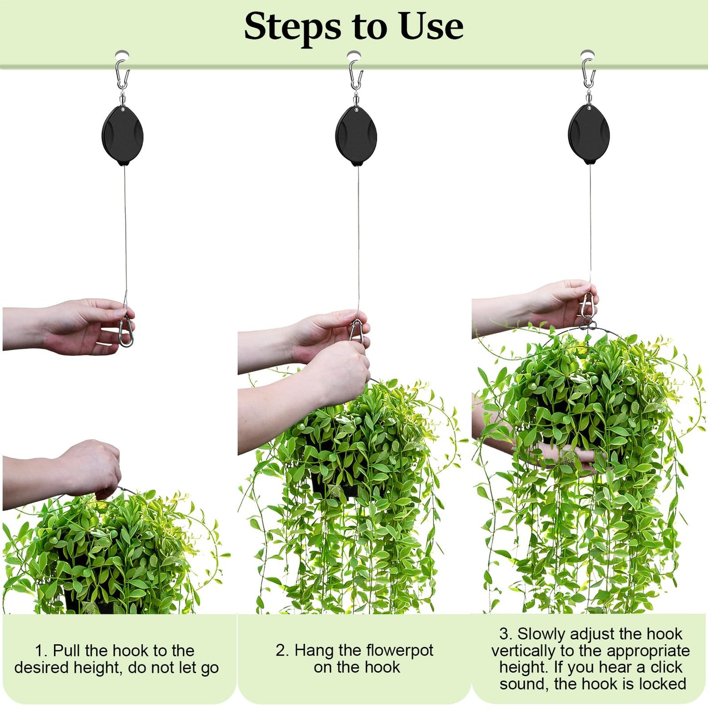 ZUZUAN 2025Upgraded 3Pcs Heavy Duty Retractable Plant Hanger,Plant Pulleys for Hanging Plants,Easy to Raise & Lower,Auto Lock,Adjustable Hook for Garden Baskets Pots,Birds Feeder and Grow Lights,Black