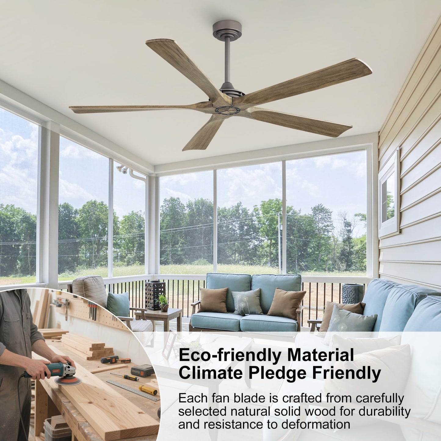 WINGBO 60 Inch Ceiling Fan without Light - 5 Carved Solid Wood Blades, 6-Speed Reversible DC Motor, Noiseless Remote Control Ceiling Fan No Light for Bedroom Living Room Kitchen, Charcoal and Gray
