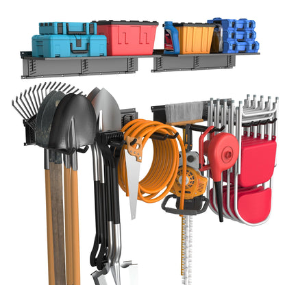 WALMANN Wall Mounted Garden Tool Rack with Shelves for Garage, Heavy Duty Folding Chair Hangers, 11-Inch Tool Storage Hooks for Shovels, Rakes, Ladders(Tool Rack with Shelf)