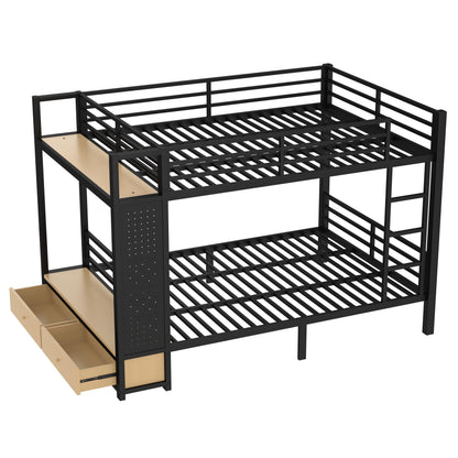 Bellemave Queen Over Queen Metal Bunk Bed with Storage Drawers and Shelves, Heavy Duty Bunk Beds with Pegboard and Coat Rack for Kids, Adults,Black