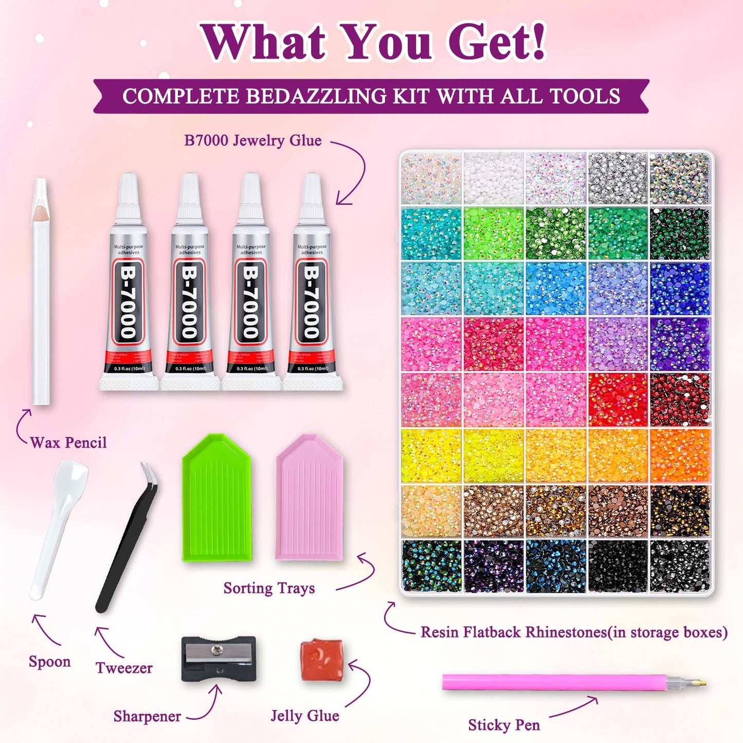 40000 Pcs 40 Colors Resin Jelly Rhinestones for Bedazzling, 3mm Flatback Gems Bedazzler Kit with 4Pcs B7000 Jewelry Glue and Tools, Multicolor Craft Jewels for DIY, Shoes, Crafting, Nail Art & Books