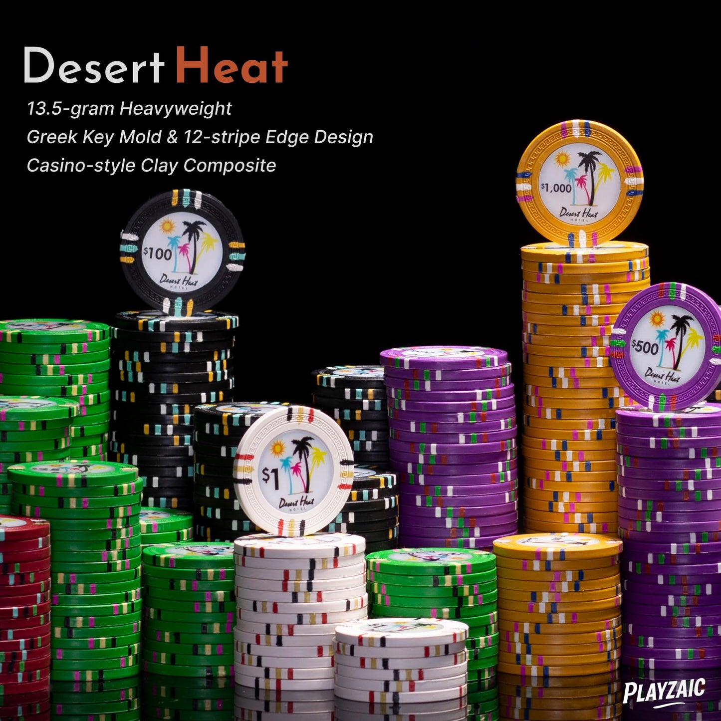 Playzaic 1000-piece Acrylic Desert Heat Poker Chip Case - 13.5-gram Heavy Clay Composite Set - Casino Chips for Texas Holdem, Blackjack - Betting Game Accessories