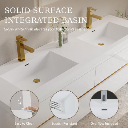 GDFStudio 72" Wall Mounted Double Sink Bathroom Vanity, Floating Vanity with Stone Resin Countertop, Floating Bathroom Storage Cabinet with Soft Close Drawers, Pre-Assembled Base, Glossy White