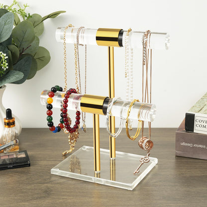 SHUNKAIZS 2 Tier Acrylic Bracelet Holder, Clear Gold T-Bar Jewelry Display Stand, Tangle-free Necklace Stand, Heavy Duty Jewelry Organizer Rack for Retail Store Vendors Counter Home