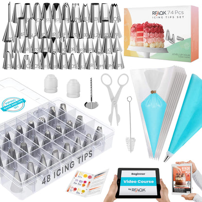 RFAQK 74 PCs Icing Piping Bags and Tips Set, Cake Decorating Kit with 48-Numbered Piping Tips, Anti Burst Pastry Bags for Cookie Cupcake Cake Decoration, Cake Decorating Tips Set with Booklet & E-book