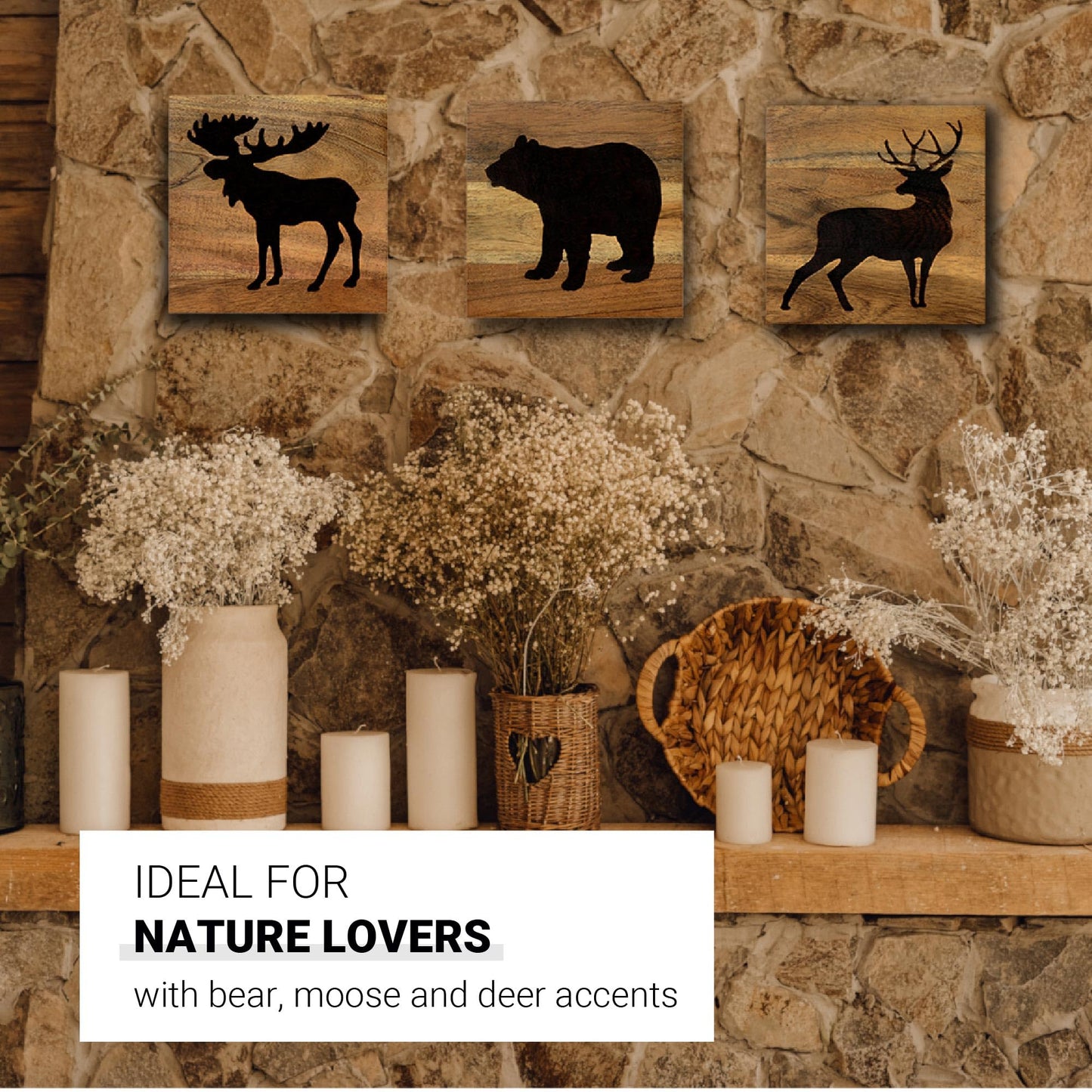 HomeRustique Real Wooden Cabin Decor with Bear, Deer and Moose (Set of 3) - Woodland Rustic Cabin Wall Decor & Art for Home, Living Room, Hunting Theme, Mountain Lodge or Bathroom