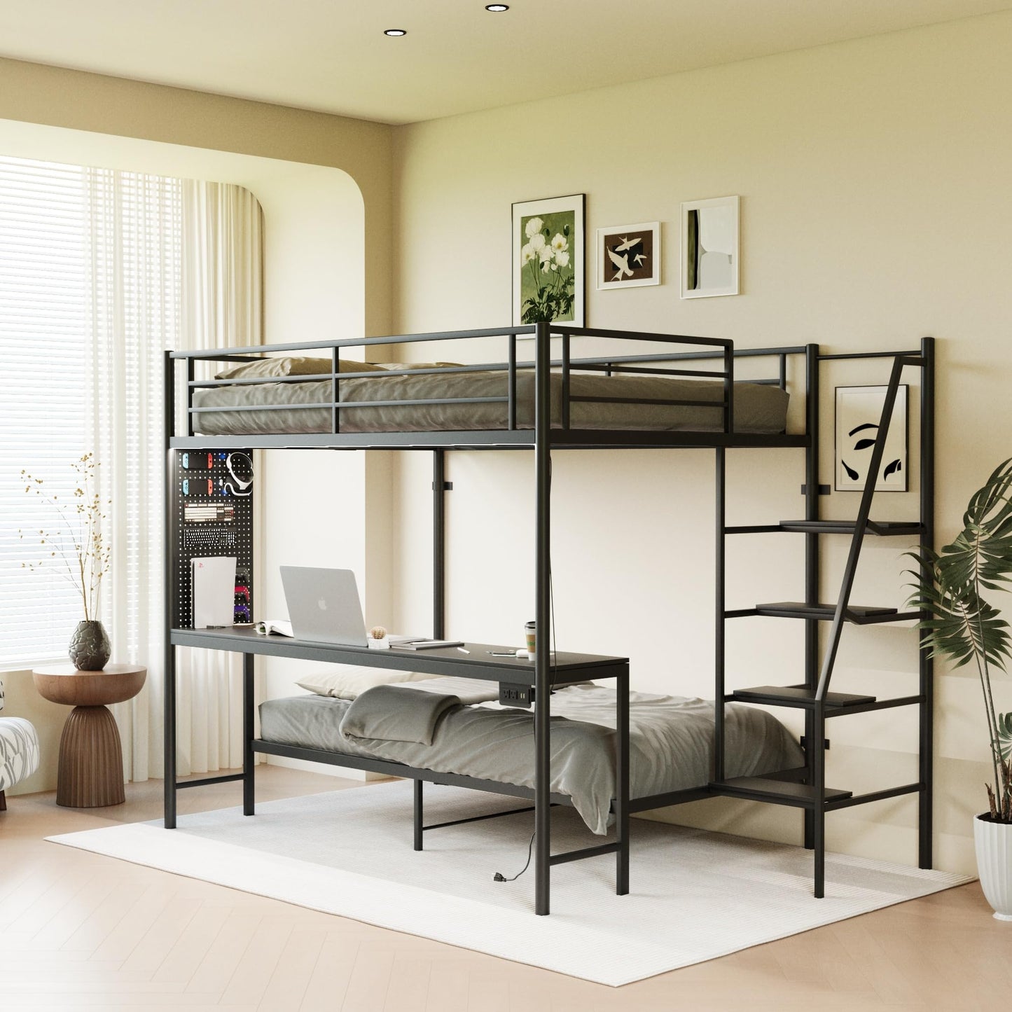 KEIKI Full Over Twin Bunk Bed with Charging Station, Metal Loft Bed with Desk & Safety Guard & Stairs, Metal Bed Frame for Kids, Teens, Adults, Black