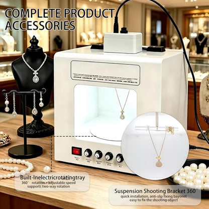 QIUNAOZI Professional Jewelry Photography Light Box Kit. Jewelry Photo Light Box, 4pcs Fill Lights, with 360° Electric Rotating Feature, Support Jewelry Hanging or Placing White-TB30