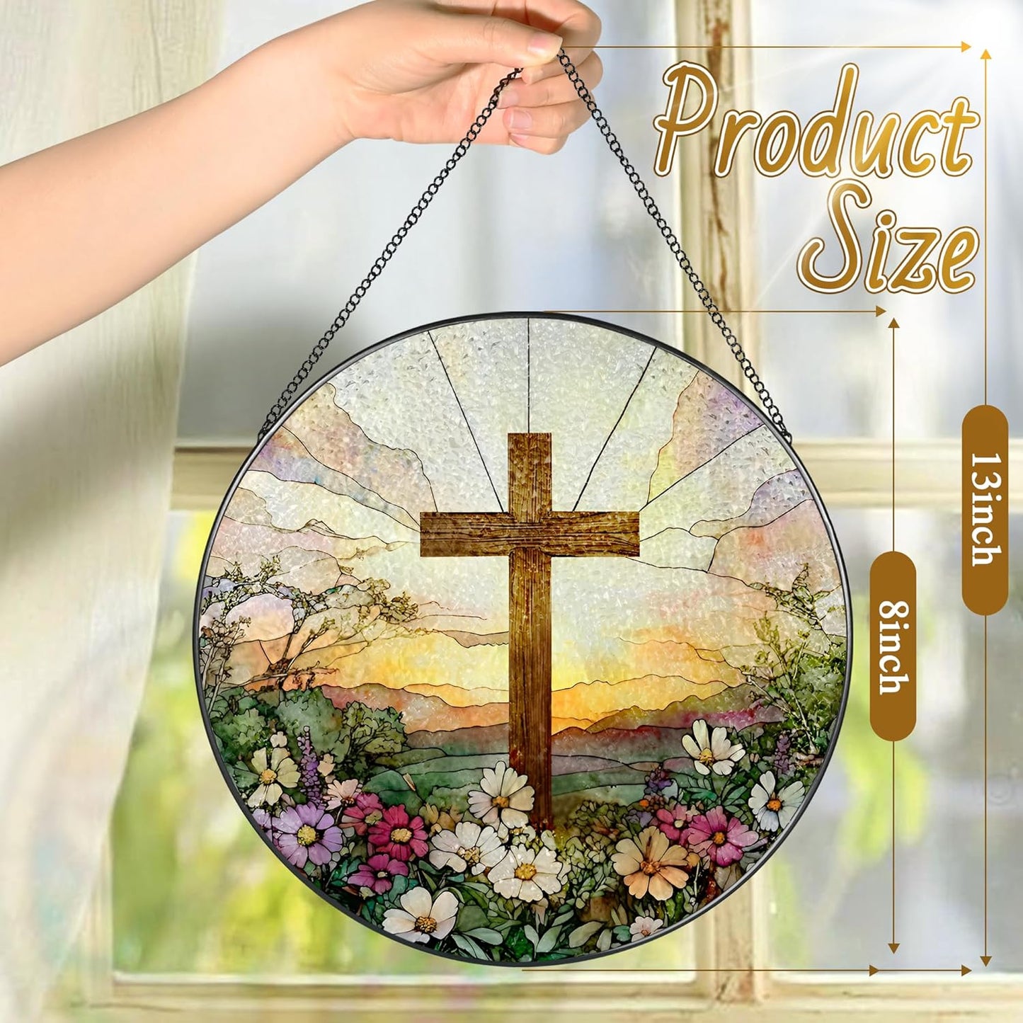 Skiennix 8-Inch Stained Glass Cross Suncatcher - Beautiful Wildflower Design for Home Decor