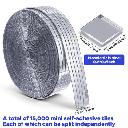 Afcabakila 15000PCS Disco Ball Mirror Tiles Self Adhesive Mosaic Tiles for Crafts, 5x5 mm Disco Ball Tapes Stickers Small Square for Interior, Vases, Photo Frames,and DIY Decoration Accessory