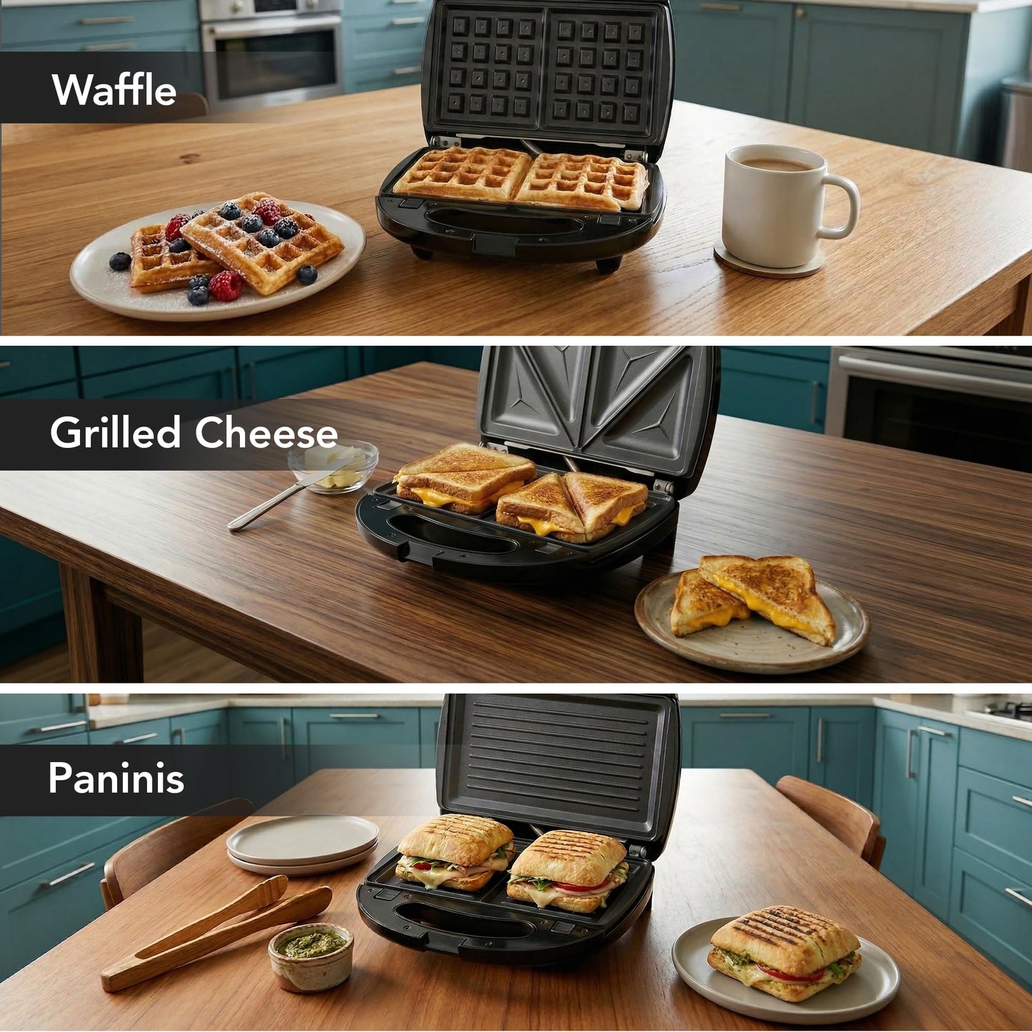 OVENTE 3 in 1 Electric Sandwich Maker, Panini Press Grill and Waffle Iron Set with Removable Non-Stick Plates, Perfect for Cooking Grilled Cheese, Tuna Melts, Burgers, Steaks and Snacks, Black GPI302B