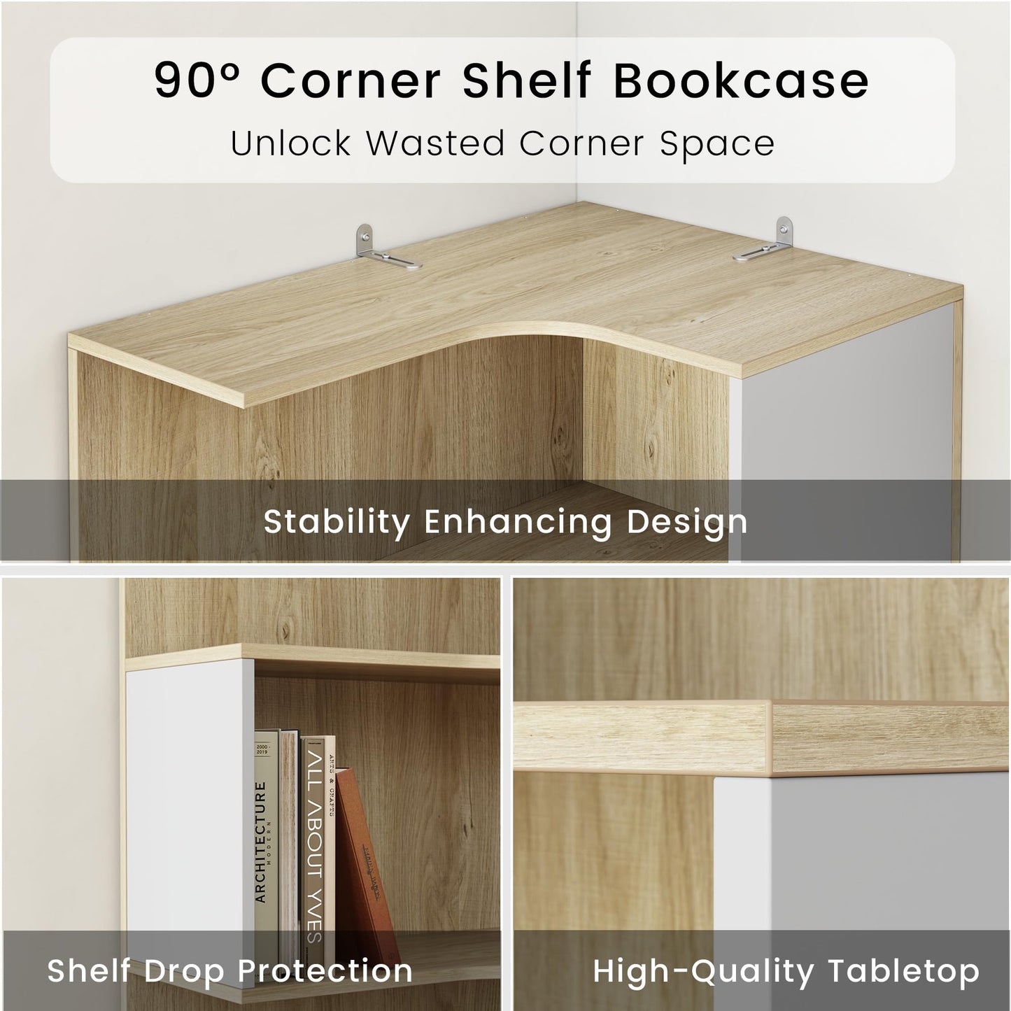 ModernMate Corner Bookshelf with Storage, 74.4" Tall L-Shaped Bookcase with 3 Drawers & AC/USB Charging Station, 7 Tier Wooden Open Display Rack for Living Home Office, Light Walnut