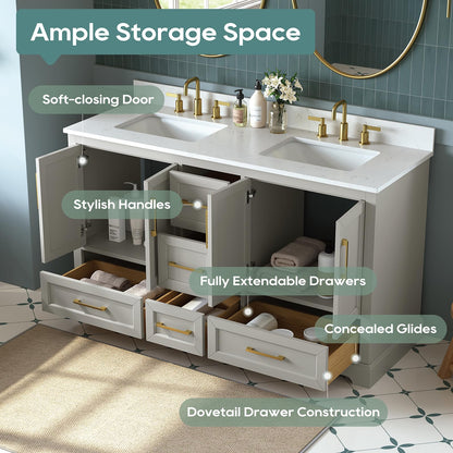 DELUXE LIVING 60 Inch Bathroom Vanity with Double Sink Combo, Solid Wood Frame with Mable Top &Backspalsh, Fully-Assembled with Soft-Closing Doors & 5 Drawers, Greige