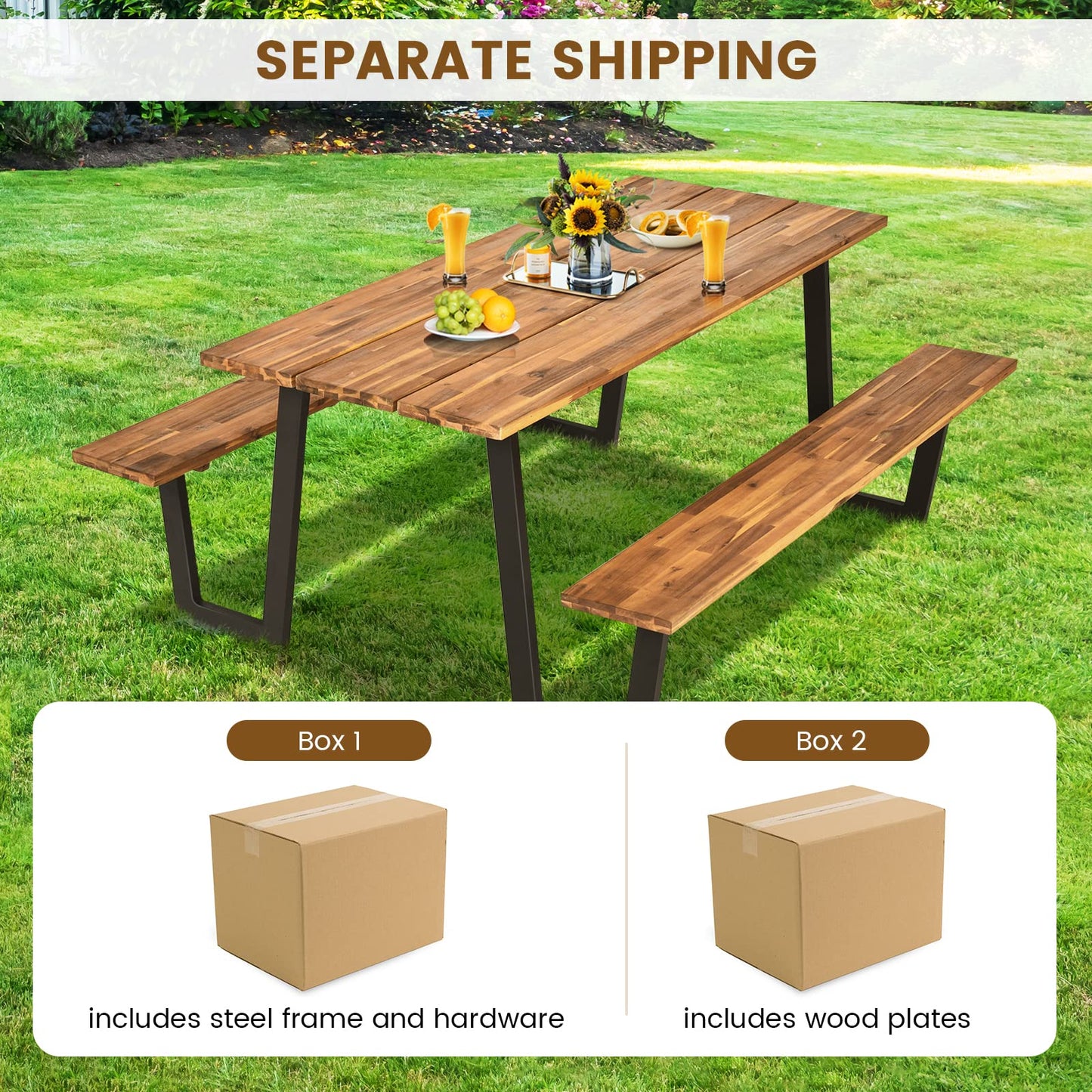 Tangkula Patented Wooden Picnic Table, Outdoor Acacia Wood Picnic Table with 2 Built-in Benches, Umbrella Hole, Steel Frame, Outside Table and Bench Set for Garden, Backyard, Porch, Patio