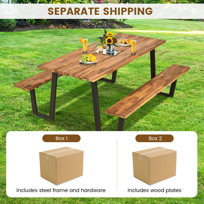 Tangkula Patented Wooden Picnic Table, Outdoor Acacia Wood Picnic Table with 2 Built-in Benches, Umbrella Hole, Steel Frame, Outside Table and Bench Set for Garden, Backyard, Porch, Patio