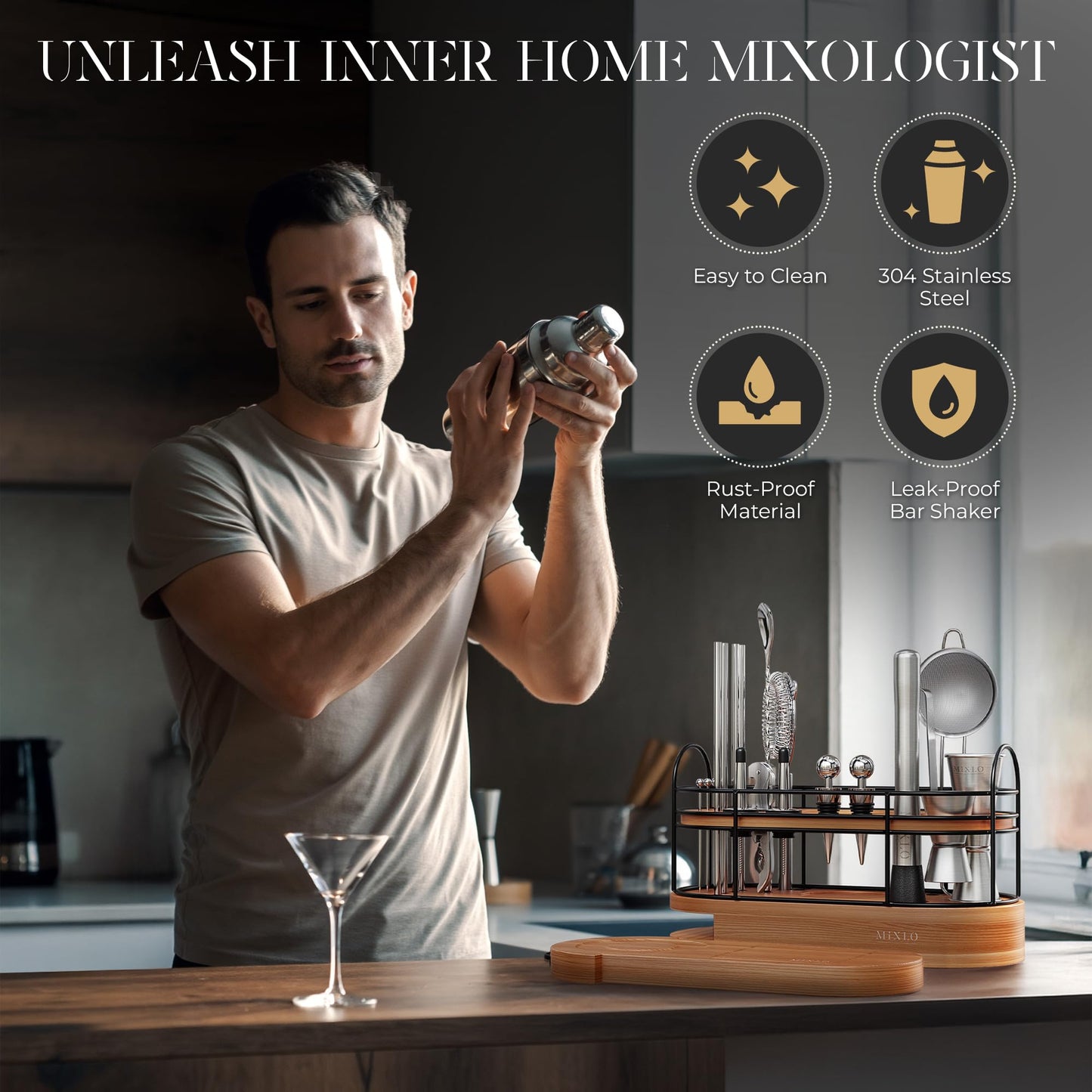 MIXLO HOME Mixology Bartender Kit - 22Pcs Bar Set Cocktail Shaker Set w Brown Bar Cart Accessories Stand - Shakers Bartending Silver Tools, 24oz Shaker, 17 Recipe Cards, Martini Barware