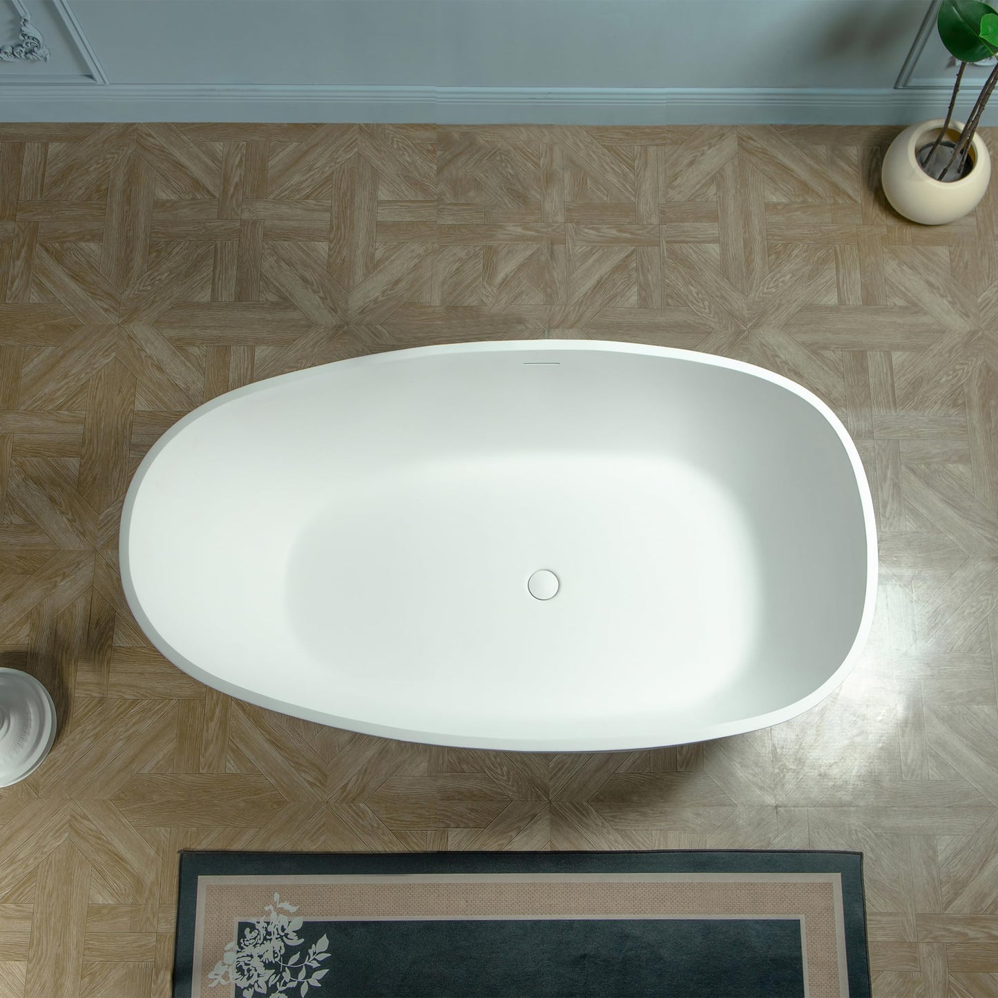 WOODBRIDGE 59" Egg-Shaped Solid Surface Freestanding Soaking Tub, Modern Oval Stone Resin Bathtub with Integrated Slotted Overflow & Drain, Matte White, EST0701