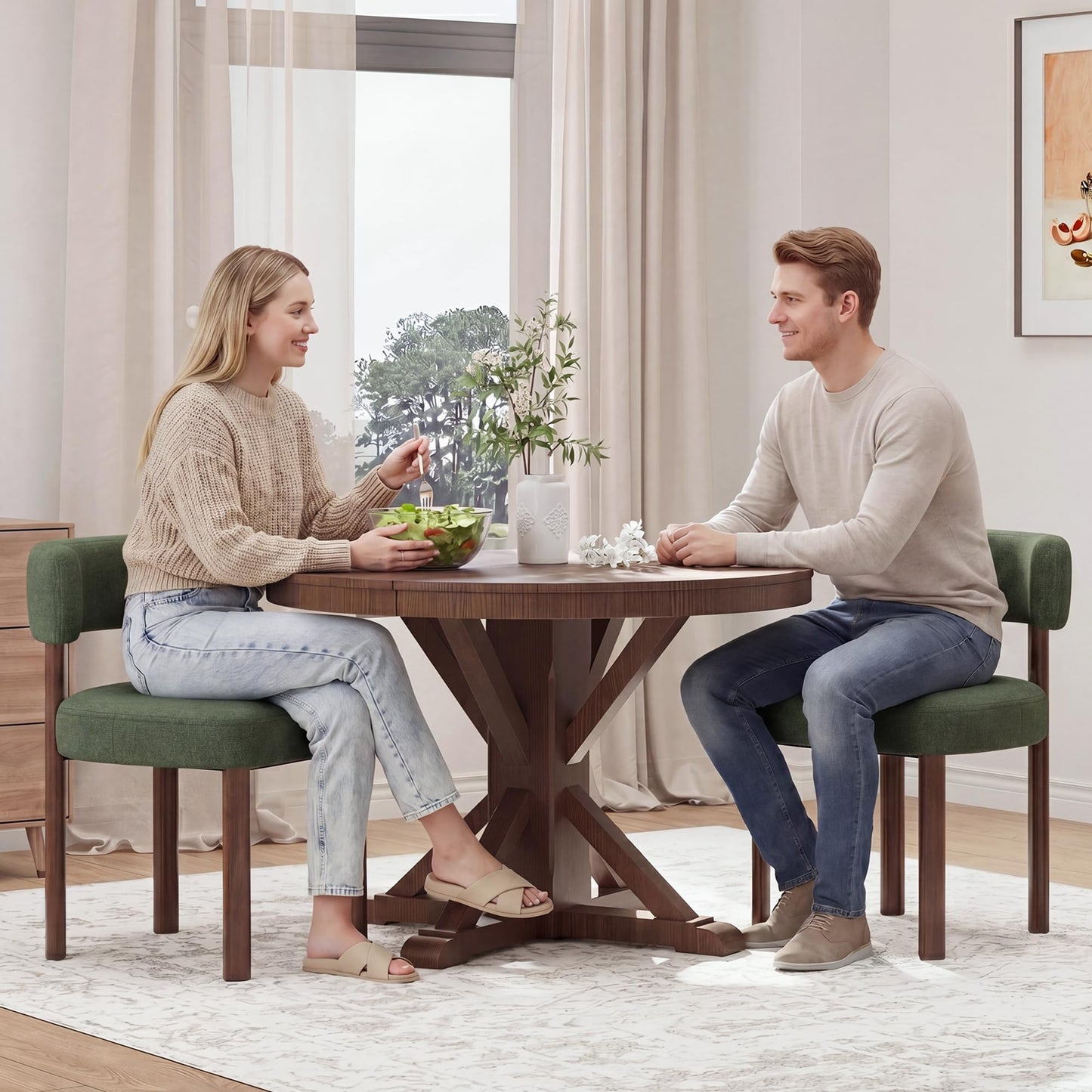 smartue Wooden Dining Chairs Set of 4, Upholstered Kitchen Chairs with Solid Wood Legs, Mid Century Dining Room Chair with Ergonomic Curved Backrest for Kitchen Dining Vanity, Green