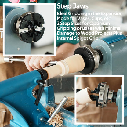 BMTURNING 4” Wood Lathe Self-Centering Chuck Set, Dovetail Jaws, Pin Jaws, Step Jaws, Wide Jaws, 5" Flat Jaws, Wood Screw, 1"x8TPI Thread, adaptor to 3/4"x16TPI, with Nickle electric Coating.